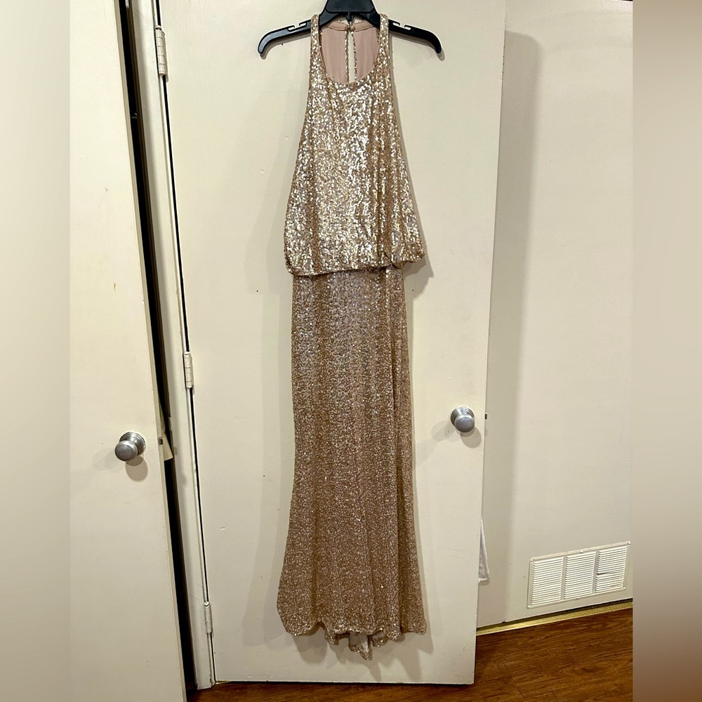 Badgley Mischka gold sequin formal, sz 16